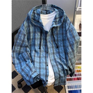 戶外輕薄連帽襯衫男女夏季潮牌休閑格子防曬衣慵懶風寬松情侶外套