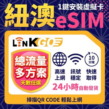 【LinkGO】紐澳eSIM 3~10GB多天多組合 總流量款 5G/4G高速 紐西蘭 澳洲 白鑽卡