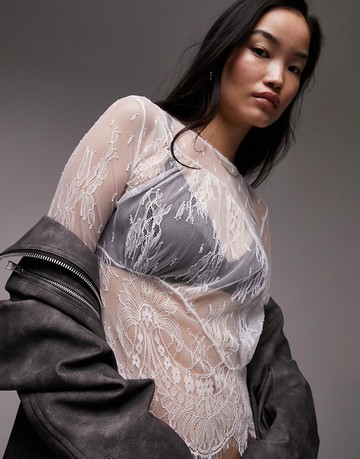 Topshop long sleeve eyelash lace shell top in ivory-White