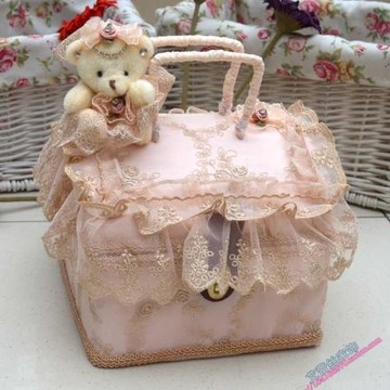 蕾絲藤編小熊整理箱收納筐盒儲物書箱化妝品韓式帶蓋大號