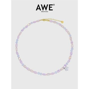 AWE粉色水晶串珠小花項鏈女生送閨蜜甜酷小眾藍色鎖骨頸鏈Choker