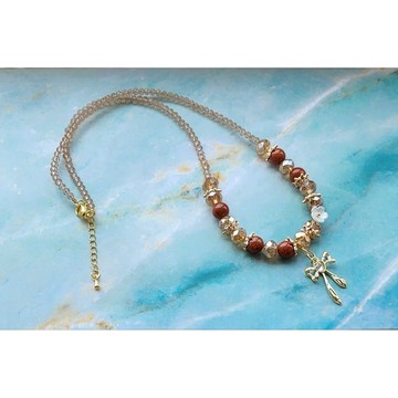 ☆星空燦爛水晶☆1274.金沙石圓珠7m+ 蝴蝶結鋯石 鎖骨項鍊～龍蝦扣款