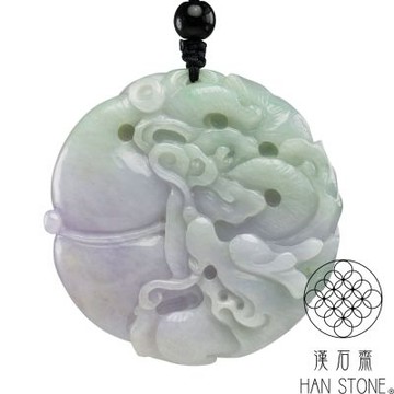 【漢石齋】天然翡翠A貨 護主龍牌玉佩項鍊 春帶彩種(54*54*13mm)