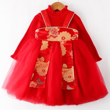【清倉】女童毛衣裙秋冬漢服新款紅色新年裙兒童長袖連衣裙