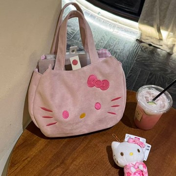 ✨臺灣出貨✨灰粉色kitty手提包包麂皮絨韓系韓版新款小托特通勤包百搭手拎包