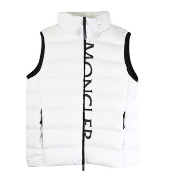 MONCLER 品牌LOGO撞色雙向拉鍊羽絨背心.白/黑-連帽可內收