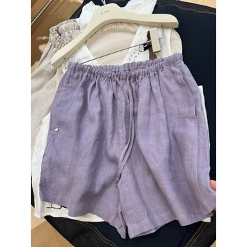 夏季新品 短褲 女生短褲 休閒褲 短褲女 寬鬆短褲 紫色亞麻鬆緊腰寬鬆顯瘦闊腿短褲女夏季薄款大碼胖mm外穿休閒褲子
