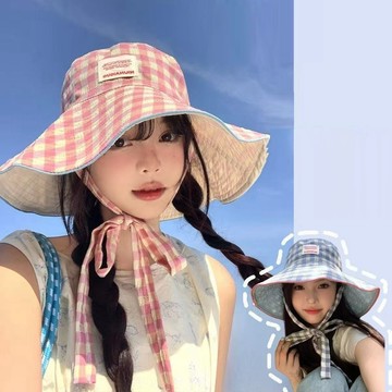 UVH015 帽子女 日系綁帶格子漁夫帽 雙面帽 大帽沿 防曬帽抗紫外線 抗UV