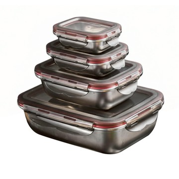 304不鏽鋼長方形趣味保鮮盒 密封設計 四面環扣  4件  1組