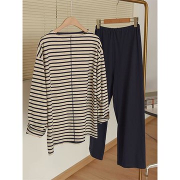 100%有機棉色織條紋家居服套裝 全棉長袖睡衣睡褲簡約休閑無印風