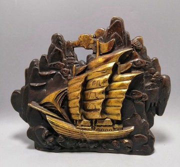 古玩 黃銅一帆風順擺件 帆船家居擺件乘風破浪滿載而歸裝飾 招財