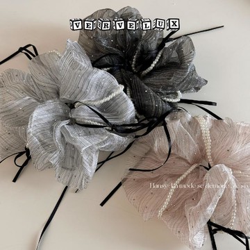 两件9.9折🔥臺灣出貨🔥可開發票✅韓系芭蕾風黑色絲帶蝴蝶結珍珠纏繞大腸髮圈溫柔少女氣質發繩髮飾