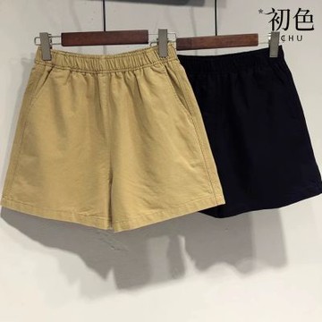 初色 簡約涼爽純色鬆緊腰口袋膝上休閒褲寬褲短褲-共3色-14004(M-4XL可選)