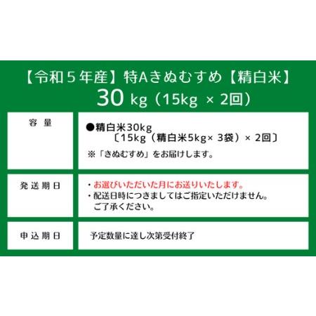 ふるさと納税 特Aきぬむすめ30kg定期便（15kg×2回）岡山県総社市産〔令和6年8月・10月配送〕 23-025-010 岡山県総社市