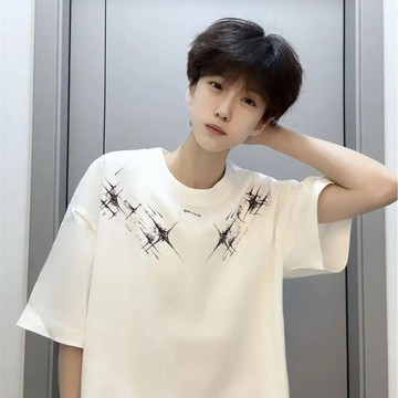 美式純棉高街短袖T恤潮牌印花設計圓領夏季新款男女寬鬆學生上衣  寬鬆 五分袖T恤 厚磅T 高磅T