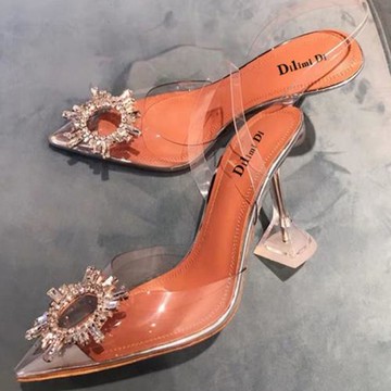 香港包頭涼鞋女2025年新款夏透明水晶仙女風細跟尖頭高跟鞋ins潮