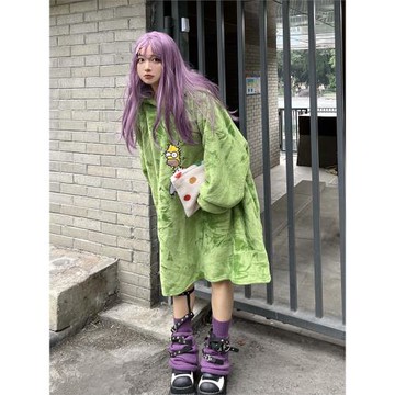 僅一批可愛卡通法蘭絨保暖加絨長款寬松連帽衛衣家居服外套懶人袍