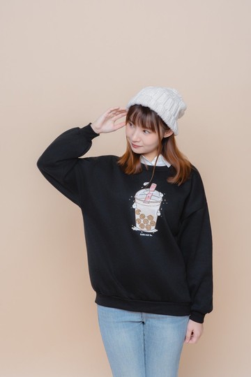 麻糬兔珍奶-刷毛大學T Sweatshirt (酷黑)