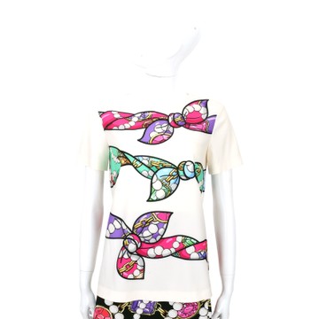 BOUTIQUE MOSCHINO 米白色蝴蝶結珠鍊印花短袖上衣