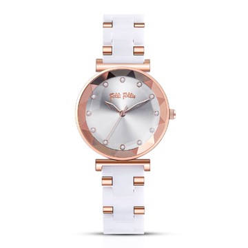 【Folli Follie】29毫米 特殊寶石切割鏡面 精鑲水晶時標 陶瓷錶帶腕錶(玫瑰金X白 FF230437)