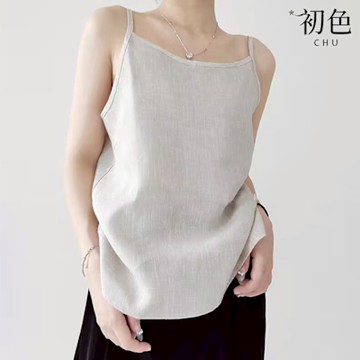 初色  棉麻風純色吊帶外搭打底無袖背心女背心-共3色-11823(M-2XL可選)