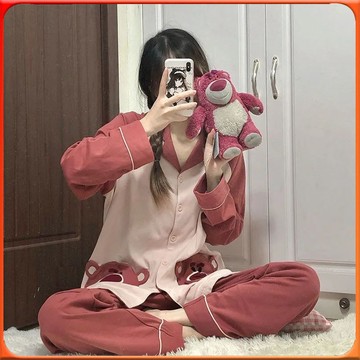 🥇台灣出貨🥇 韓國ins草莓熊睡衣女春鞦季可愛長袖長褲少女傢居服薄款開衫套裝 ✨️滿額免運✨️147-12-B