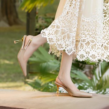 尖頭細跟高跟法式單鞋女一字扣帶水鉆氣質包頭涼鞋春夏百搭3299-3