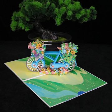 臺灣-出貨🔥【新款熱銷】生日賀卡3d立體可折疊自行車手寫清新精緻成品卡片ins風情人節 FSL1