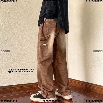 超實惠 九 男士牛仔褲 男士長褲 褲子男秋季ins潮工裝牛仔褲男寬松直筒百搭潮流炸街痞帥闊腿男褲