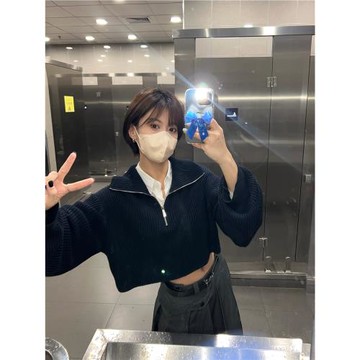 Two2自制 麻棉 垂墜感慵懶風拉鏈翻領高領韓風套頭長袖短款毛衣