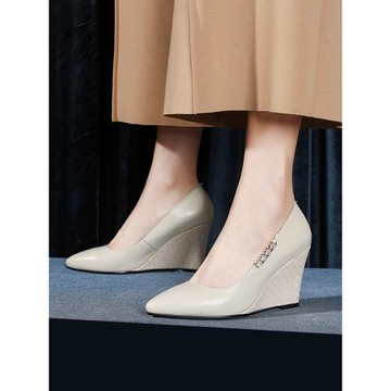 歐美真皮尖頭坡跟單鞋女2025新款淺口超高跟鞋通勤工作鞋女鞋皮鞋