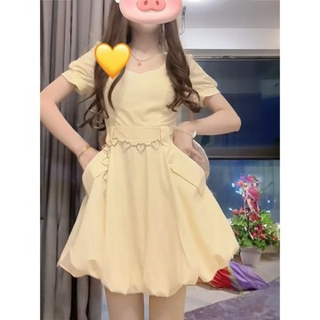 【Chan's】【優選好物】 法式甜美奶黃色口袋連衣裙女學生夏季新款顯瘦收腰蓬蓬裙花苞裙子