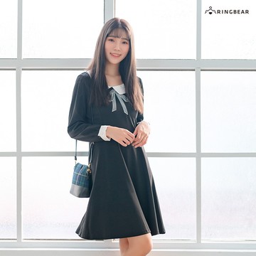 氣質可愛撞色娃娃領珍珠釦A字寬鬆修身長袖連衣裙(黑M-2L) 眼圈熊 中大尺碼 A360