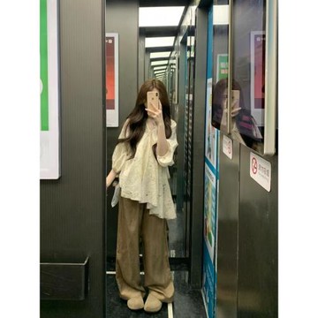 大碼胖mm法式別致鏤空鉤花V領襯衫女夏季高腰寬松休閑褲兩件套裝