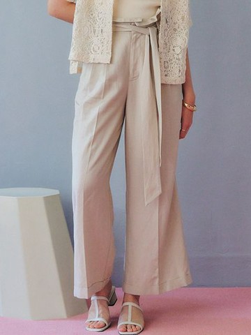 亞麻混紡荷葉褶邊高腰寬褲-附腰帶(07000471400) - YECCA VECCA