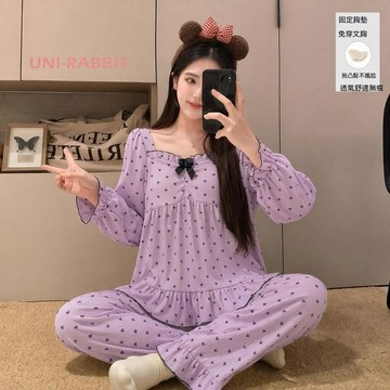 雲朵棉睡衣女帶胸墊春夏秋季薄款多巴胺碎花長袖長褲居家服可外穿可愛睡衣長袖睡衣休閒睡衣居家睡衣卡通睡衣
