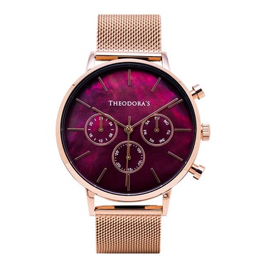 【THEODORA'S】Orpheus 三眼母貝金屬手錶[大錶面] 三眼母貝紅-米蘭玫金【希奧朵拉】