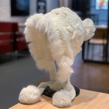 手工勾花針織毛線帽女秋冬季可愛毛球兔毛絨護耳帽日系綁帶包頭帽