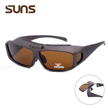【SUNS】外掛全罩式 上翻式偏光墨鏡 Polarized包覆式眼鏡 茶框茶腳 抗UV400/可套鏡/台灣製/防眩光/遮陽