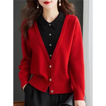 秋冬寬松百搭假兩件上衣女2025新款紅色毛衣大碼衣服秋冬打底衫潮