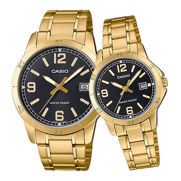 【CASIO 卡西歐】金色年華-時尚情人 指針對錶 不鏽鋼錶帶 生活防水  (MTP-V004G-1B+LTP-V004G-1B)