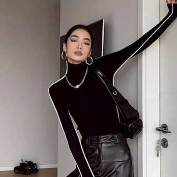 秋季黑色高領緊身針織長袖上衣