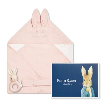 奇哥 - 比得兔天絲泡泡紗包巾禮盒 75x75cm(包巾+包巾綁帶+手搖鈴 寶寶新生兒禮 滿月禮 彌月禮 嬰兒禮盒)...