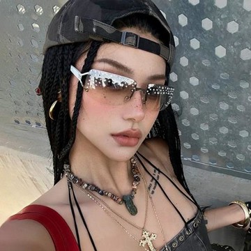 歐美復古墨鏡女高級感中古風無框鑲鉆千禧辣妹眼鏡防紫外線太陽鏡
