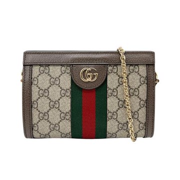 【GUCCI】Ophidia GG帆布印花皮革飾邊磁釦手拿/肩背包-mini(602676-棕)