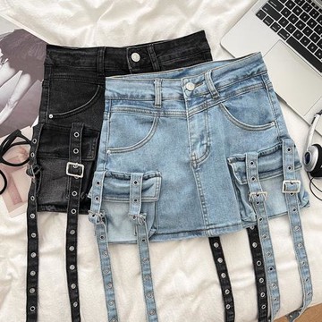 設計感辣妹時尚百搭高腰顯瘦雙口袋牛仔半身裙短裙包臀裙女夏季