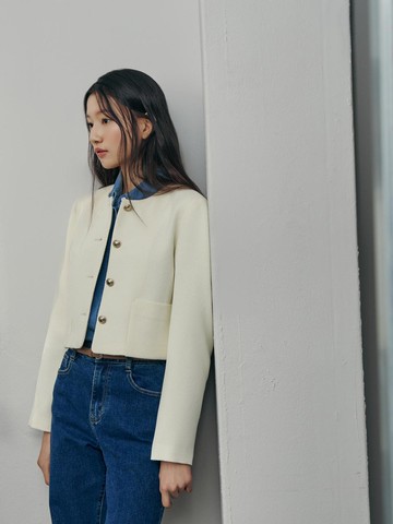 No Collar Crop Polyester Jacket (AR1WJ261)
