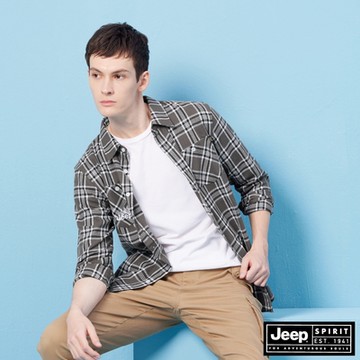 JEEP 男裝 經典格紋口袋純棉長袖襯衫-灰色