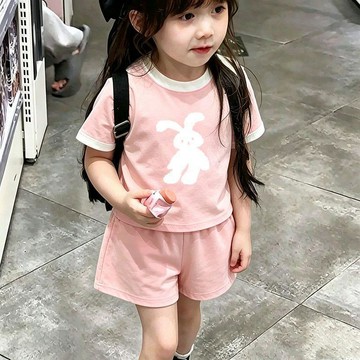 mori🎀mori女童粉色可愛兔子印花短袖短褲兩件套純棉舒適運動套裝
