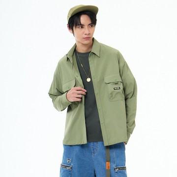 男裝 長袖 工裝 襯衫 尼龍 貼袋 寬版 上衣 綠色 (530176) 【5th STREET】【APP下單享4%回饋】 最高折426